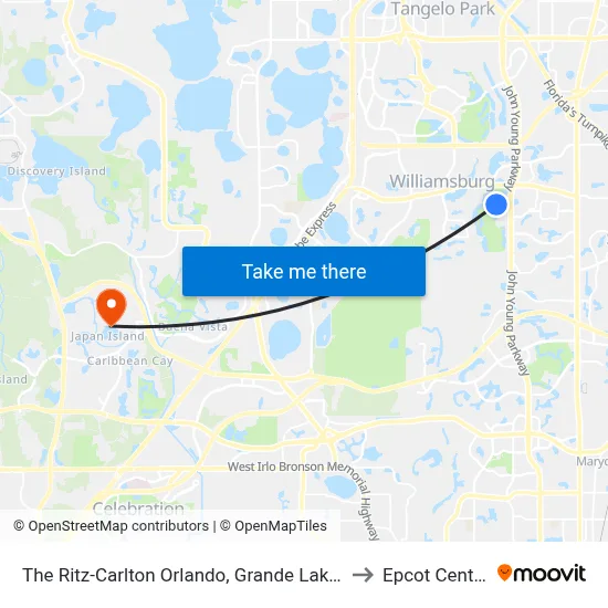 Ritz Carlton Grande Lakes to Epcot Center map