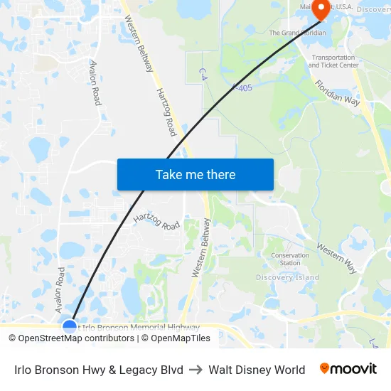 Irlo Bronson Hwy & Legacy Blvd to Walt Disney World map