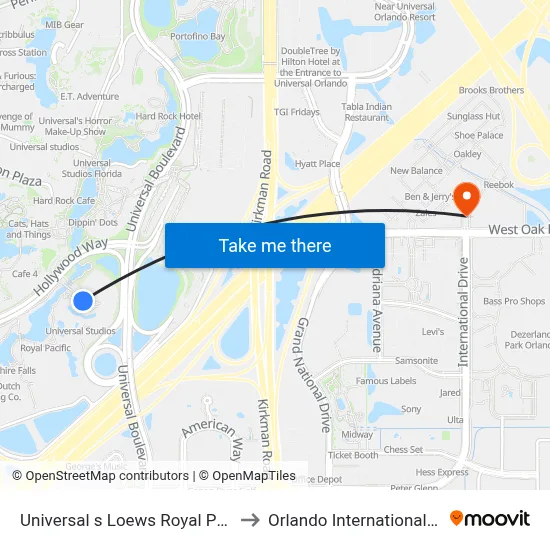 Universal s Loews Royal Pacific Resort Orlando to Orlando International Premium Outlets map