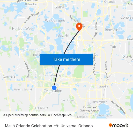 Meliá Orlando Celebration to Universal Orlando map