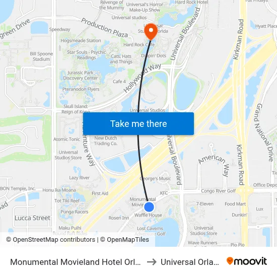 Monumental Movieland Hotel Orlando to Universal Orlando map
