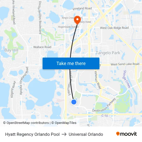 Hyatt Regency Orlando Pool to Universal Orlando map