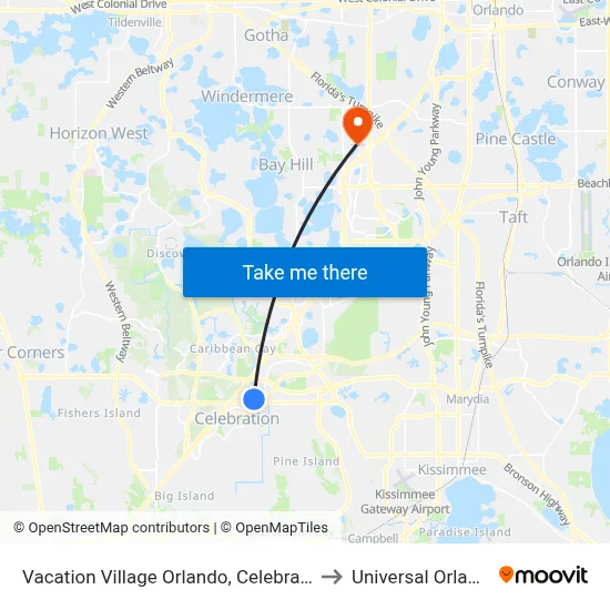 Vacation Village Orlando, Celebration to Universal Orlando map