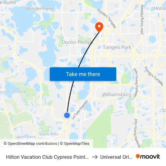 Hilton Vacation Club Cypress Pointe Orlando to Universal Orlando map