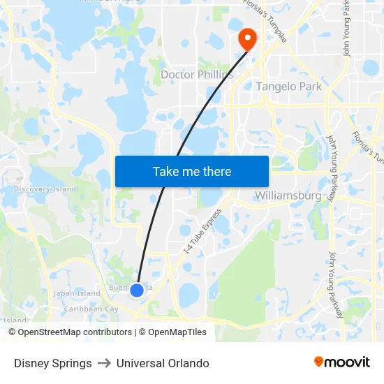 Disney Springs to Universal Orlando map