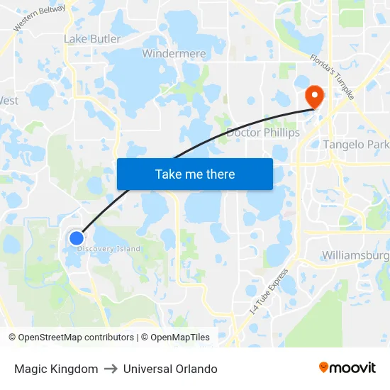 Magic Kingdom to Universal Orlando map