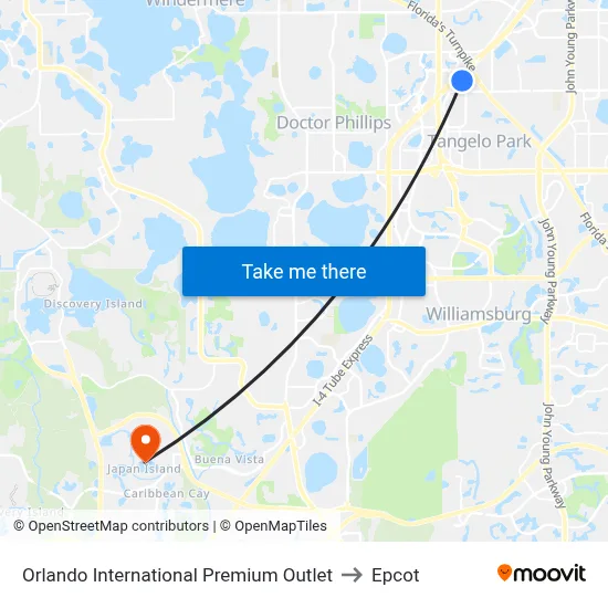 Orlando International Premium Outlet to Epcot map