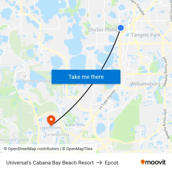 Universal's Cabana Bay Beach Resort to Epcot map