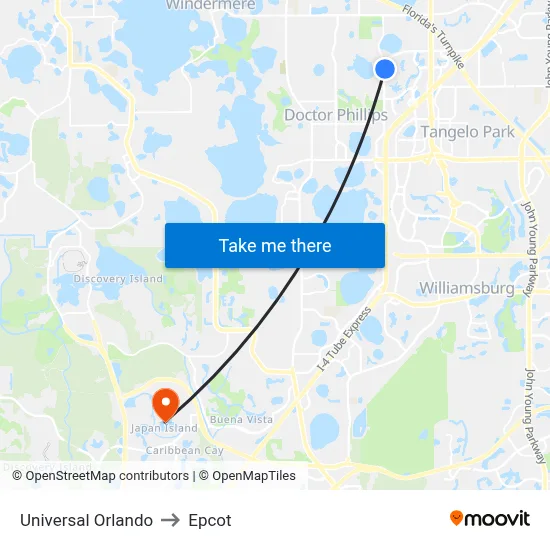 Universal Orlando to Epcot map