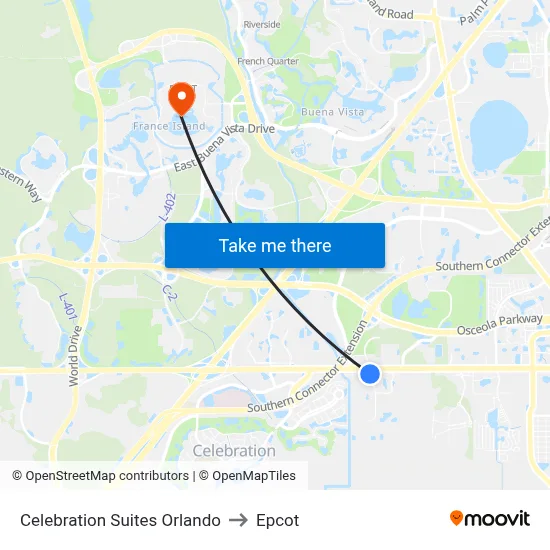 Celebration Suites Orlando to Epcot map