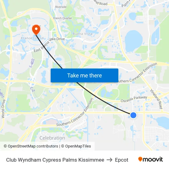 Club Wyndham Cypress Palms Kissimmee to Epcot map