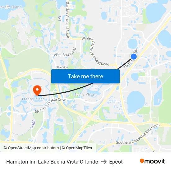 Hampton Inn Lake Buena Vista Orlando to Epcot map