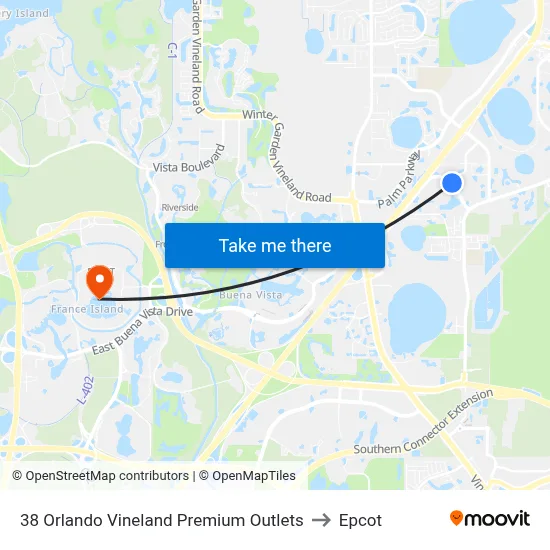 38 Orlando Vineland Premium Outlets to Epcot map