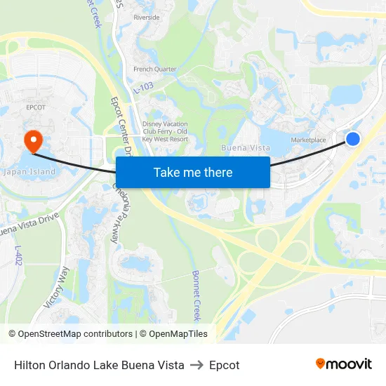 Hilton Orlando Lake Buena Vista to Epcot map