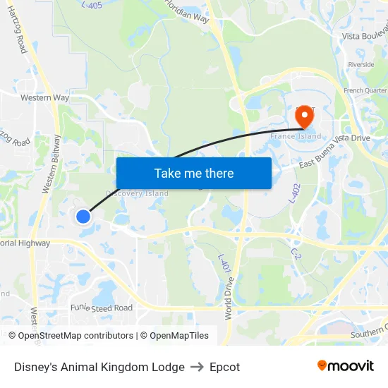Disney's Animal Kingdom Lodge to Epcot map
