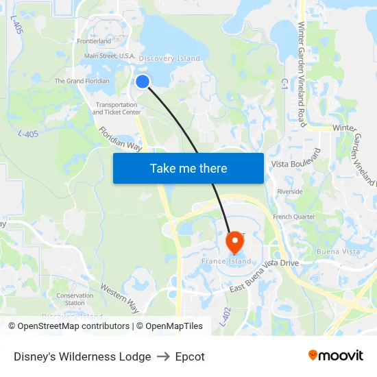 Disney's Wilderness Lodge to Epcot map