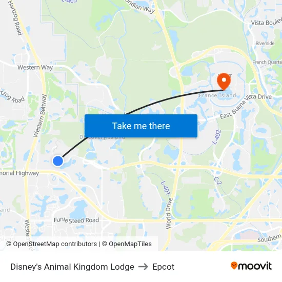Disney's Animal Kingdom Lodge to Epcot map