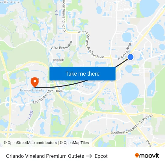 Orlando Vineland Premium Outlets to Epcot map