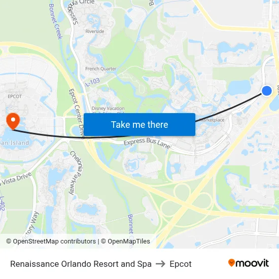 Renaissance Orlando Resort and Spa to Epcot map