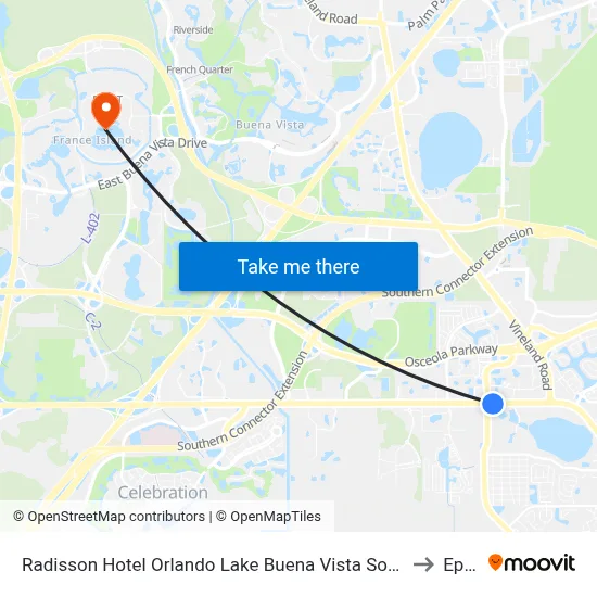 Radisson Hotel Orlando Lake Buena Vista South, Kissimmee to Epcot map