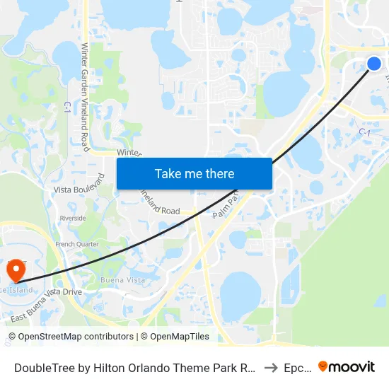 DoubleTree by Hilton Orlando Theme Park Resort to Epcot map