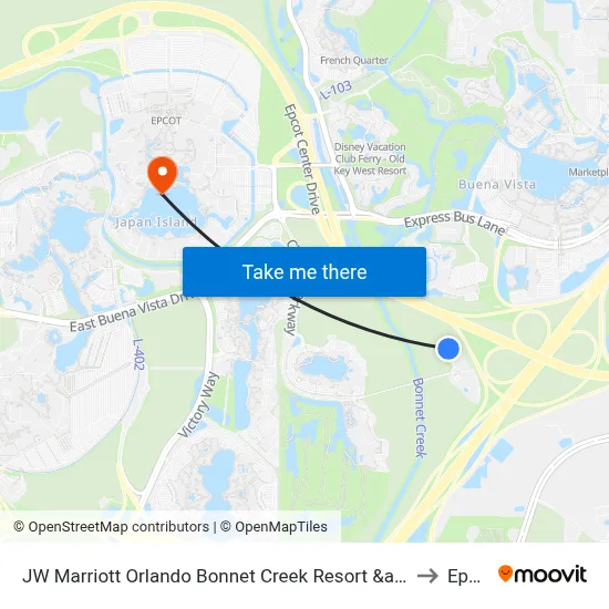 JW Marriott Orlando Bonnet Creek Resort &amp; Spa to Epcot map