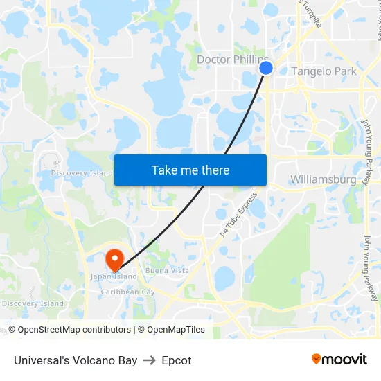 Universal's Volcano Bay to Epcot map