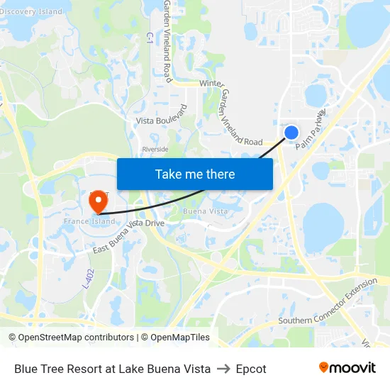 Blue Tree Resort at Lake Buena Vista to Epcot map