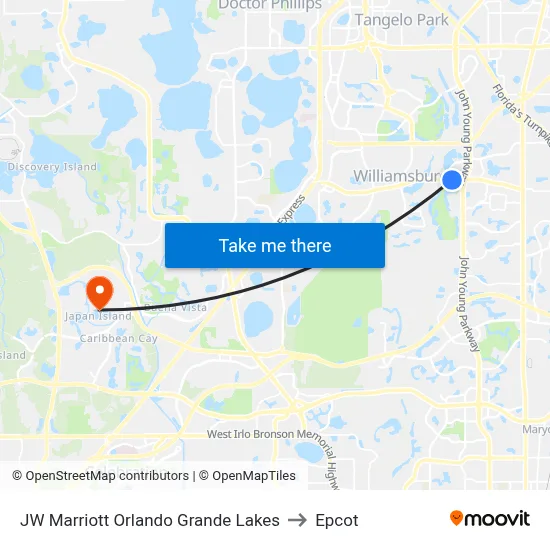 JW Marriott Orlando Grande Lakes to Epcot map