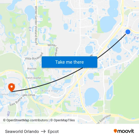 Seaworld Orlando to Epcot map