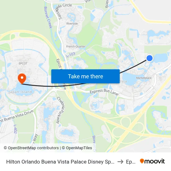 Hilton Orlando Buena Vista Palace Disney Springs Area to Epcot map