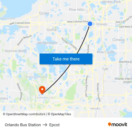 Orlando Bus Station to Epcot map