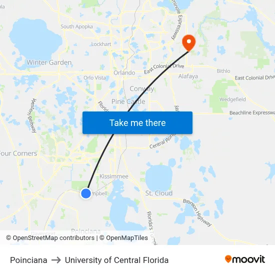Poinciana to University of Central Florida map