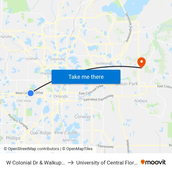 W Colonial Dr & Walkup Dr to University of Central Florida map