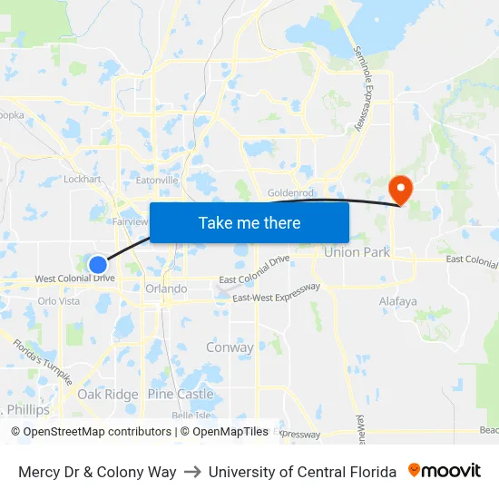 Mercy Dr & Colony Way to University of Central Florida map