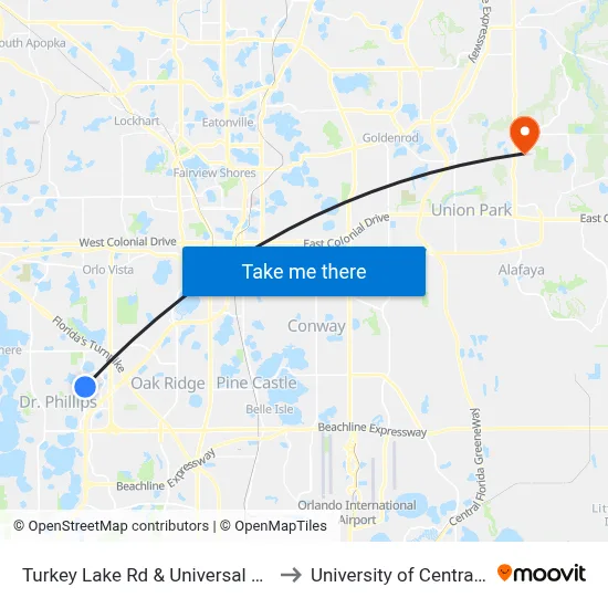 Turkey Lake Rd & Universal Studios Plz to University of Central Florida map