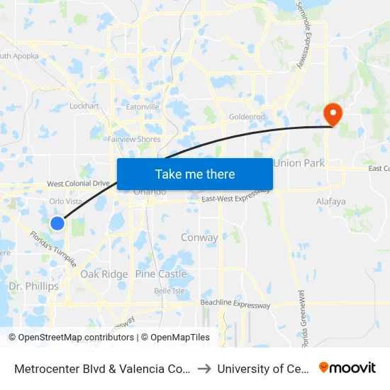 Metrocenter Blvd & Valencia Community College Dr to University of Central Florida map