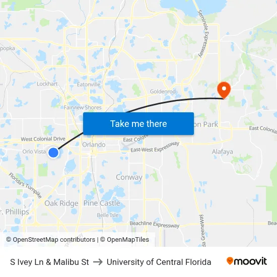 S Ivey Ln & Malibu St to University of Central Florida map