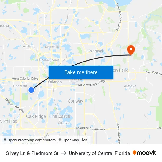 S Ivey Ln & Piedmont St to University of Central Florida map
