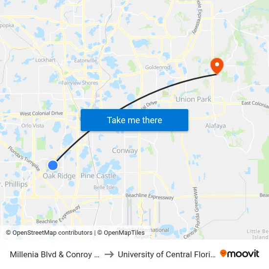 Millenia Blvd & Conroy Rd to University of Central Florida map