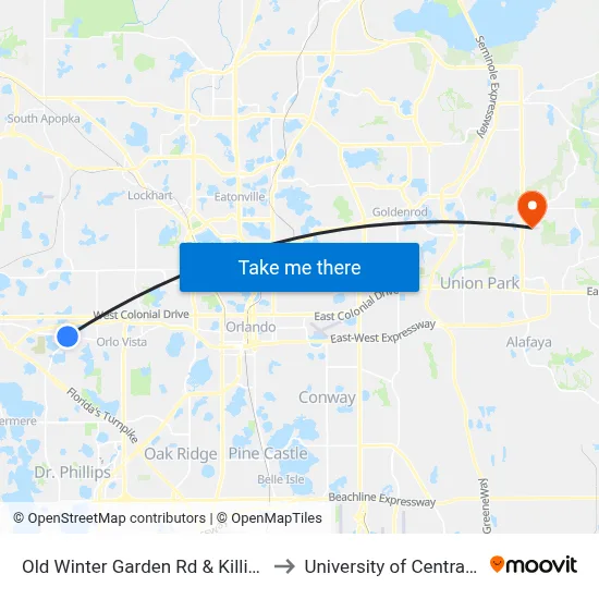 Old Winter Garden Rd & Killington Way to University of Central Florida map