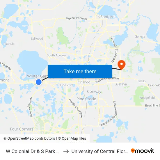 W Colonial Dr & S Park Ave to University of Central Florida map