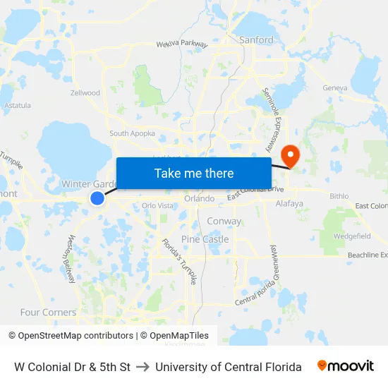 W Colonial Dr & 5th St to University of Central Florida map