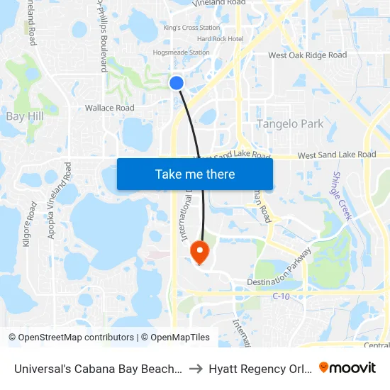 Universal's Cabana Bay Beach Resort to Hyatt Regency Orlando map
