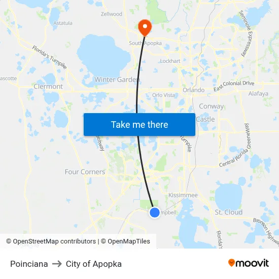 Poinciana to City of Apopka map