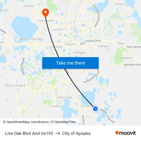 Live Oak Blvd And Us192 to City of Apopka map