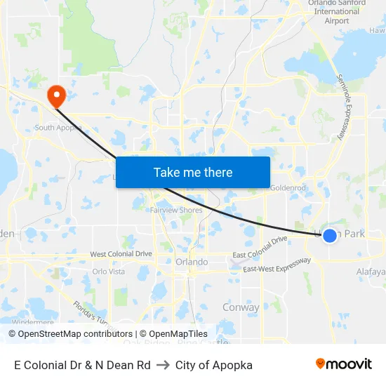E Colonial Dr & N Dean Rd to City of Apopka map
