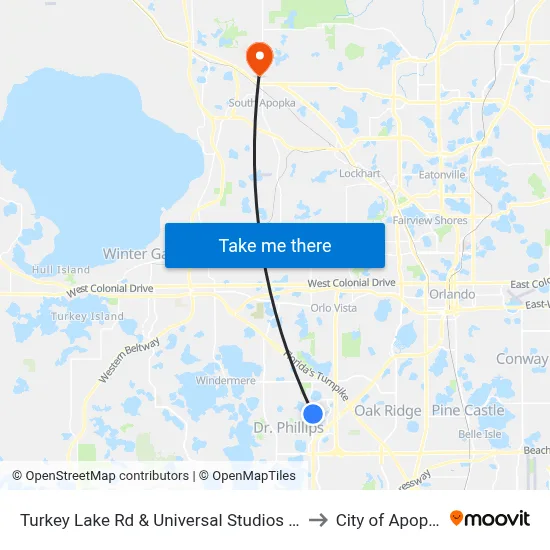 Turkey Lake Rd & Universal Studios Plz to City of Apopka map