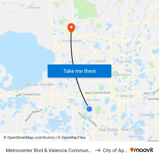 Metrocenter Blvd & Valencia Community College Dr to City of Apopka map