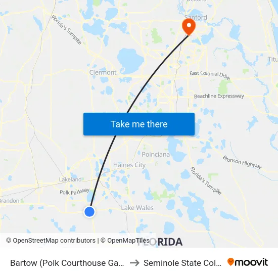Bartow (Polk Courthouse Garage) to Seminole State College map